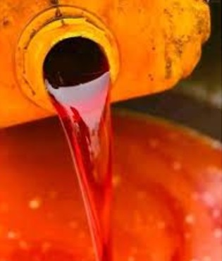 Freshly pressed palm oil being drizzled into a bowl